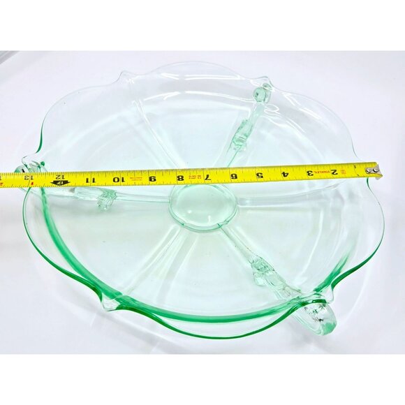 Large Depression Green Glass 13.5" Bowl/Platter Ornate Shape and Decorative Feet - Picture 8 of 8